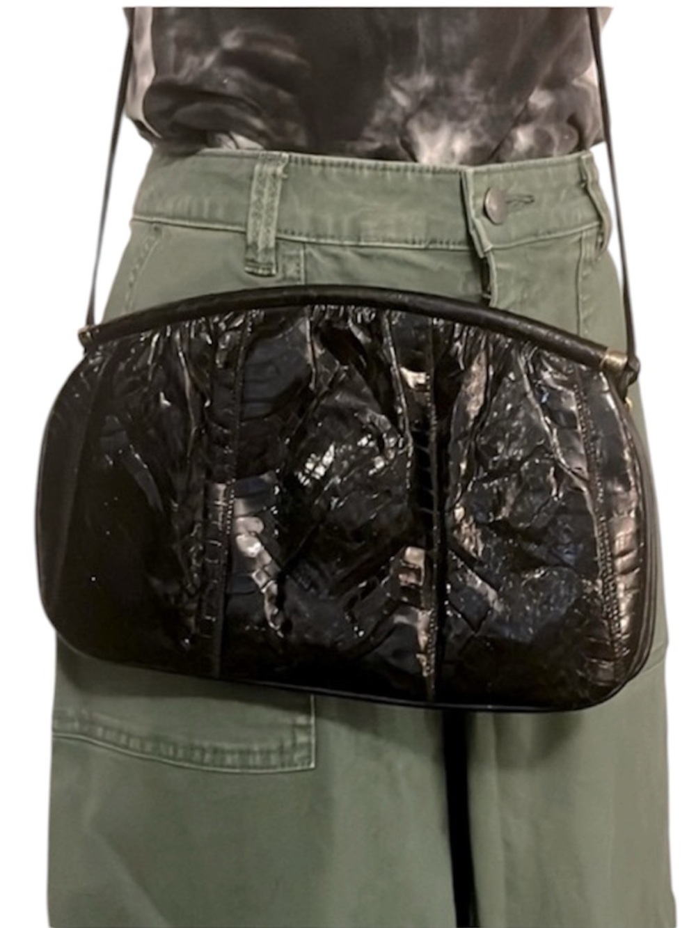 Palizzio Vintage 80s Black Leather Snake-print Convertible Crossbody Clutch Bag